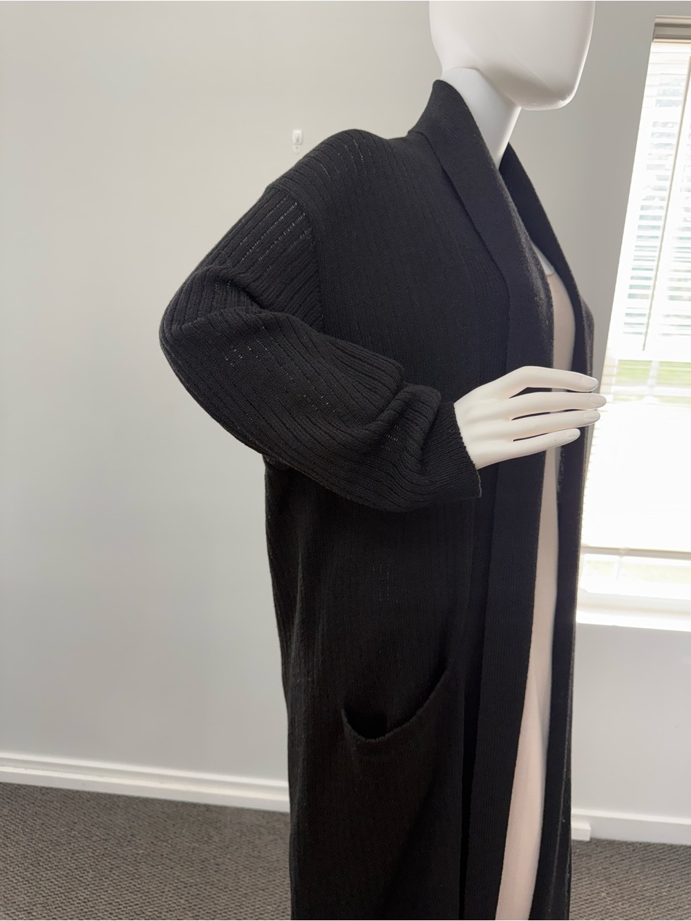 Luxury Wool Black Ribbed Open-Front Longline Cardigan Universal Size - Picture 11 of 15